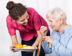 The caregiver feeds the old woman